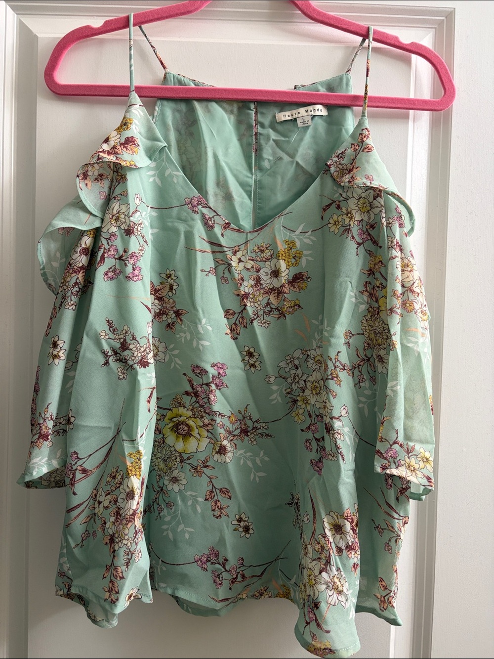 Mint Green Floral Cold-Shoulder top Lg